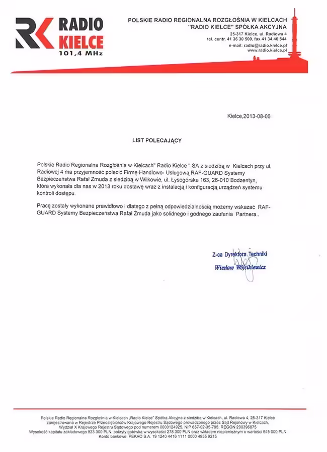 Referencje od Polskiego Radia Kielce dla Raf-Guard za rzetelną ochronę fizyczną i dozór mienia w obiektach medialnych.