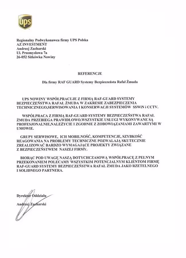 Referencje od UPS Polska dla firmy Raf-Guard za profesjonalną ochronę mienia i zabezpieczenie procesów logistycznych.